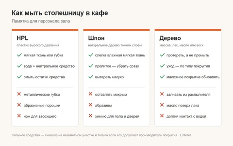 Как ухаживать за столешницей в кафе: чем мыть HPL, шпон и дерево