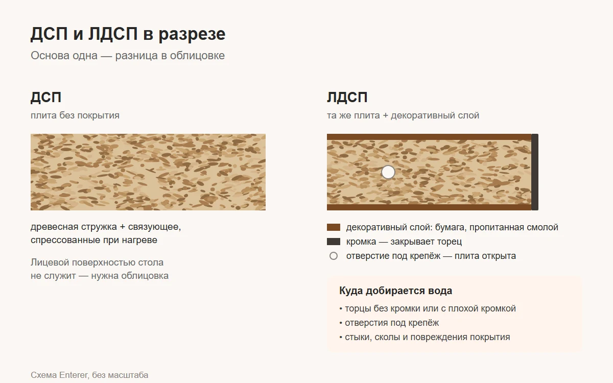 Схема ДСП и ЛДСП в разрезе: одна и та же плита из стружки, у ЛДСП сверху и снизу декоративный слой, торец закрыт кромкой