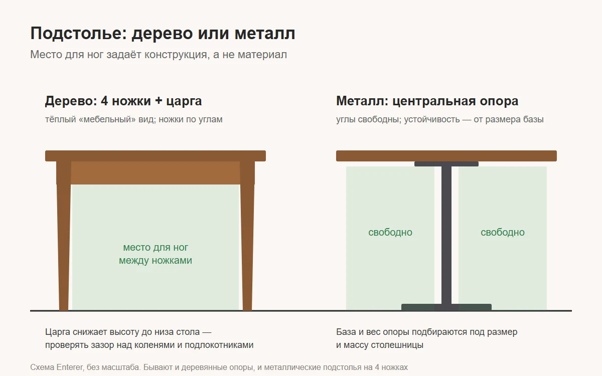 Схема: деревянный стол на четырёх ножках с царгой и стол на металлической центральной опоре — где остаётся место для ног