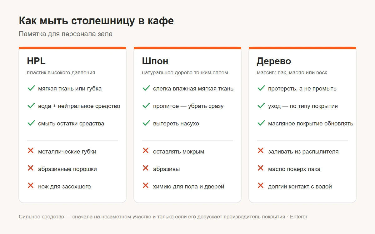 Памятка по уходу за столешницей: что можно и чего нельзя для HPL, шпона и натурального дерева