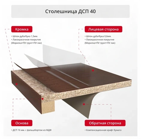 Столешница ДСП фанерованная дубом 40 мм — устройство слоёв
